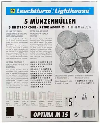 15 pages de pièces de poche 3 fentes 42 mm feuilles diapositives allongées penny pack de 5 Optima 3