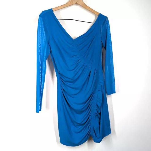 Self-Portrait Blue One Shoulder Ruched Mini Dress Long Sleeve Size 4 Preowned