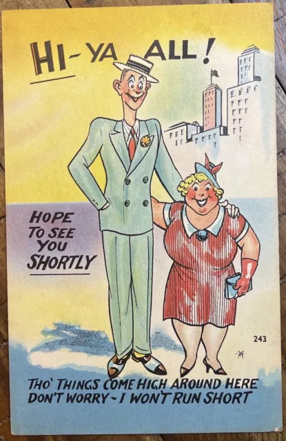 Linen Comic Joke Postcard Tall Skinny Man Short Fat Woman Hi Ya All
