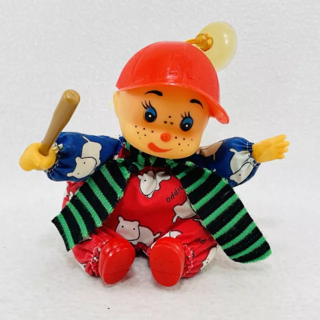 Vintage Baby Baseball Player Boy Kid Doll Bat Hippo Toy Suction Hangtag Display