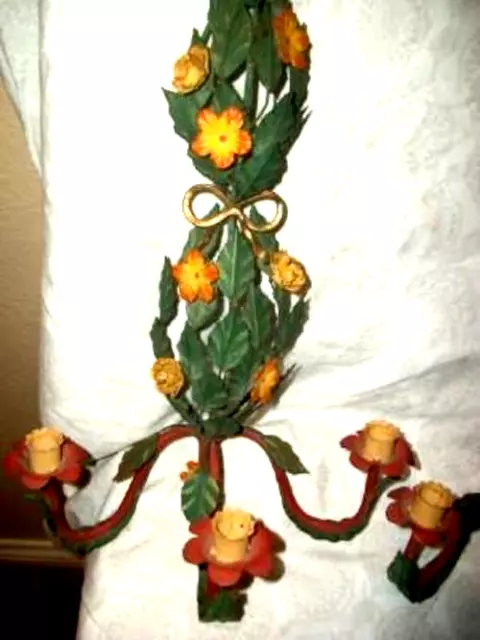 FRENCH TOLE CANDLE SCONCES TOPIARY LEAVES FLOWERS GILT BOW ITALIAN STYLE 1930s 2