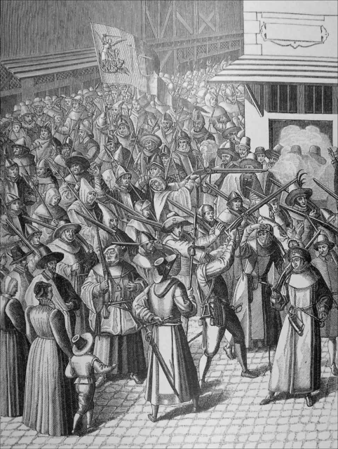 WARS OF RELIGION - A LEAGUE PROCESSION IN ARMS - 19th century engraving