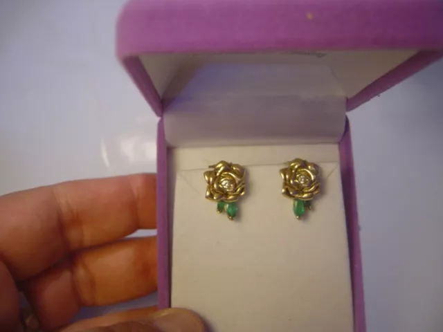 Superb Large Solid 9Ct Gold Earings-Large Roses-Columbian Emeralds & Diamond