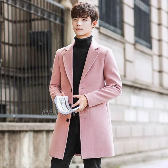 Men's Fashion Korean Wool Blend Long Trench Coat Outwear Slim Fit Overcoat New
