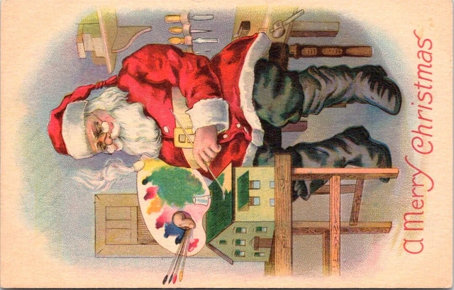 Full Length SANTA with Artist Pallette, CHRISTMAS Postcard - Series 1553 C