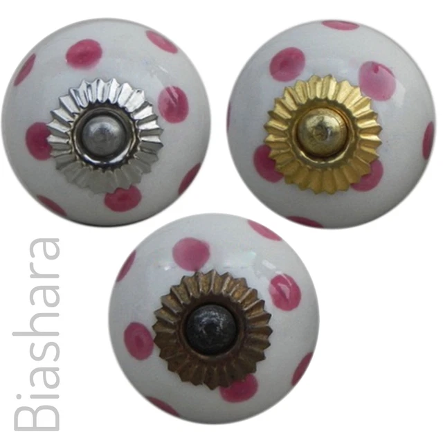 POLKA DOT DOOR KNOBS Ceramic Cupboard Handles Drawer Pulls Dark Pink Gold Brass