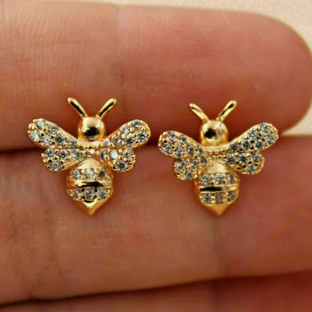 0.60Ct Round Natural Moissanite Women's Bee Stud Earring 14K Yellow Gold Plated