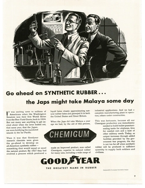 1943 Goodyear Tires Chemigum Synthetic Rubber Scientist Lab Vintage Print Ad