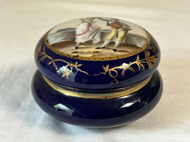 Porzellan Deckeldose Biedermeier mit feiner Bemalung Kobaltblau um 1830 - Ø9cm