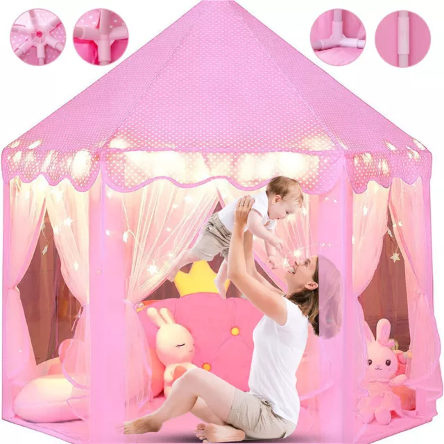 Large Playhouse Castle Play Tent with Star Lights Toy for Kids Girls Game (Pink)