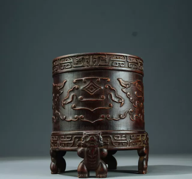 Chinese Natural Bamboo Hand carved Animal face pattern exquisite brush pot