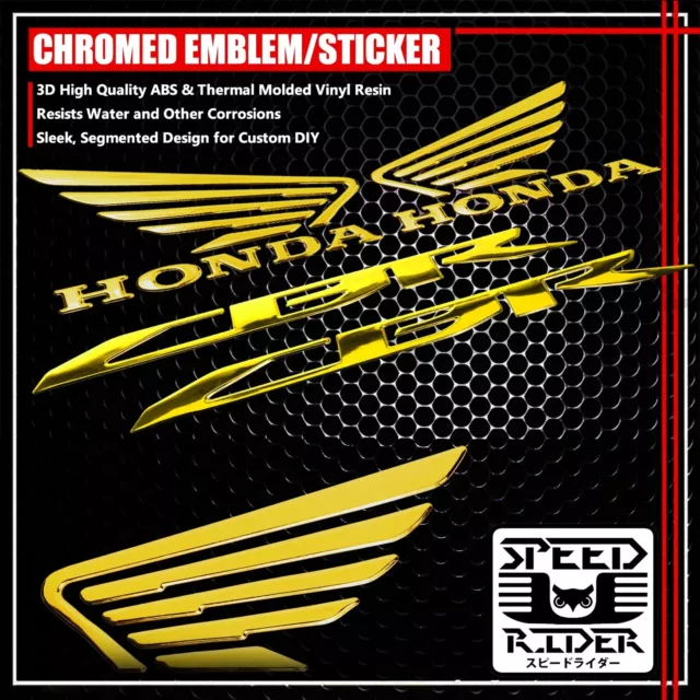 3D Wing Decal Sticker+Logo Fairing/Tank Emblem For Cbr 600/900/1000 Chrome Gold