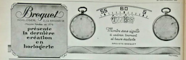 Publicité De Presse 1927 La Montre Sans Aiguille Breguet A Cadran Tournant