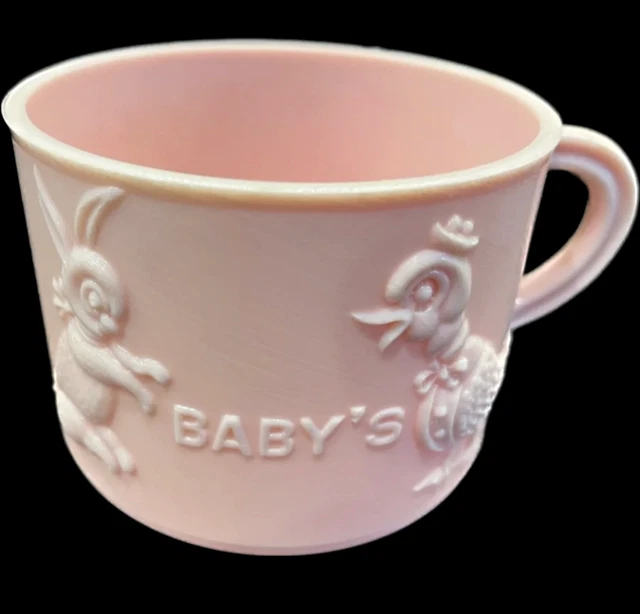 Vtg Pink Plastic Mug Child Baby Cup Rabbit Duck Melamine Easter 1950s 60s ?