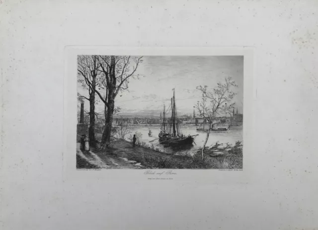 Etching Bernhard K.J.Mannfeld (1848-1925) View From Bonn With Ship People