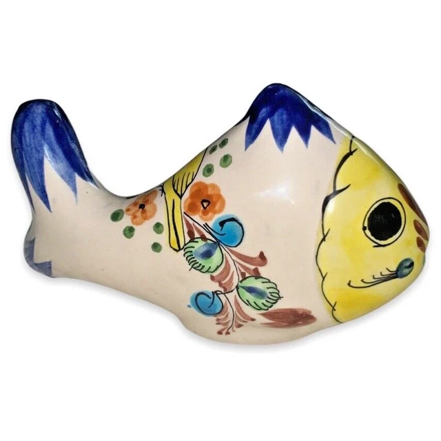 Vintage Tonala Folk Art Fish Hand Painted Ceramic Mexican Pottery Art Figurine