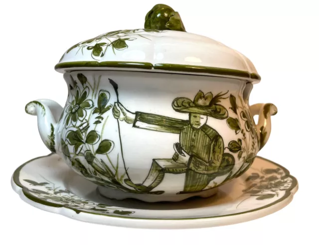 GW & Co Hand Painted Green White 1/2 Quart Tureen Under Plate Majolica Italy