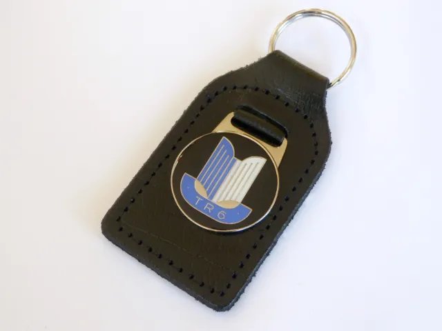 Triumph TR6 Blue Shield Chrome, Leather & Enamel Key Fob / Key Ring