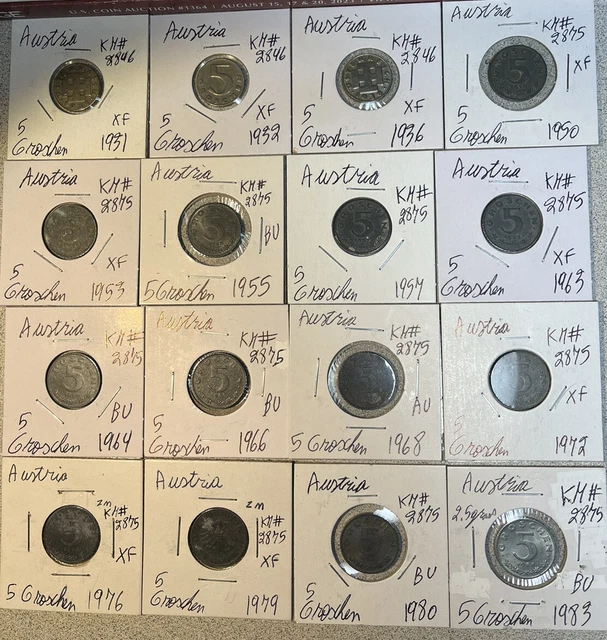 Austria 1931 - 1983 Five 5 Groschen 16 Coin Lot XF to BU Condition Coins
