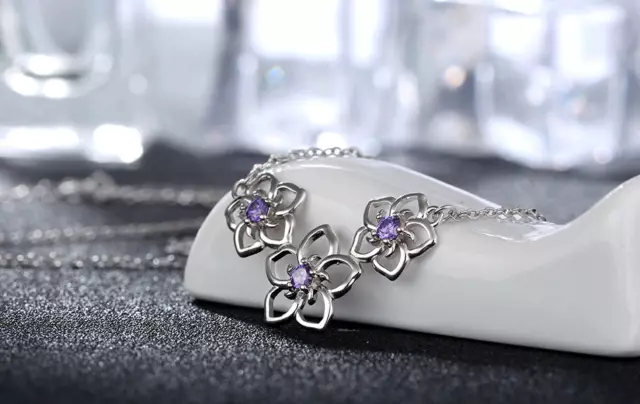 1ct Simulated Purple Amethyst Hollowed Flowers Pendant Chain White Gold Plated