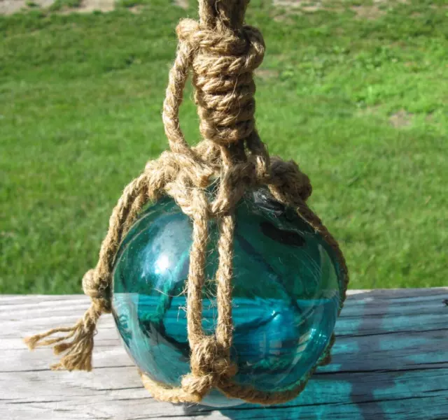 Vintage Glass Hand Blown Fishing Float Floater Bouy with Rope Aqua Blue 5"