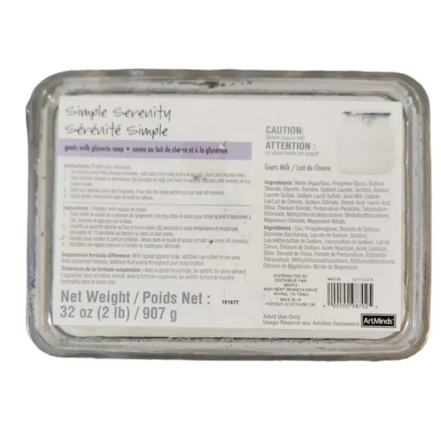 Jabón de glicerina de leche de cabra simple Serenity 2 libras 32 oz nuevo