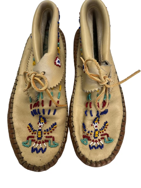 Vintage TAOS Buckskin Leather Beaded Moccasins Native American Indian Gypsy