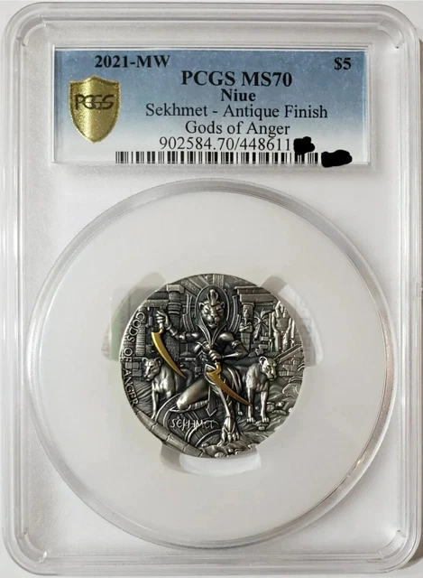 2021 2 Oz Silver $5 Niue Gods Of Anger SEKHMET PCGS MS70 Gold Shield Coin.