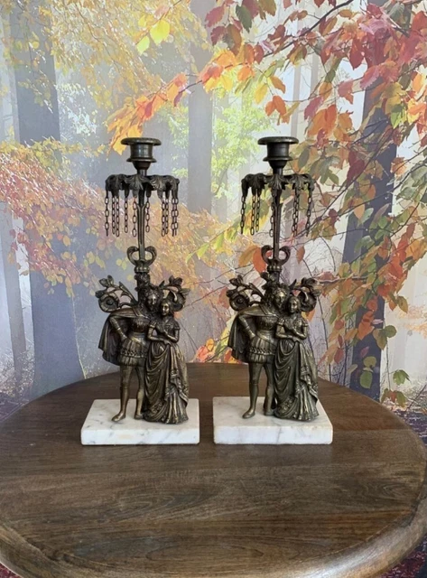 Pair Antique Bronze Girandole’s, Bronze Courting Couple Candle Holders Victorian