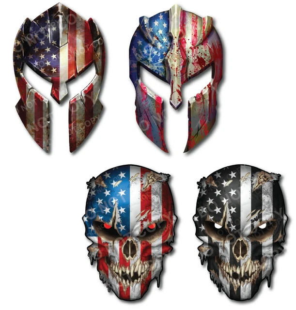 4x Skull Molon Labe Helmet Decal Sticker Gladiator American Flag Car Truck Auto