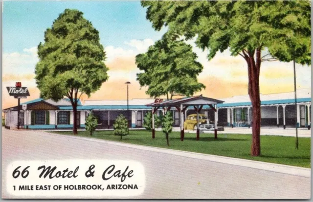 Holbrook, Arizona Postcard 66 MOTEL & CAFE Highway ROUTE 66 Roadside CHROME 1957