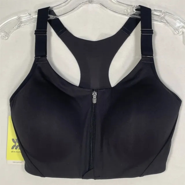 All In Motion Sports Bra Womens 34DD Zip-Front Racerback High Support Black