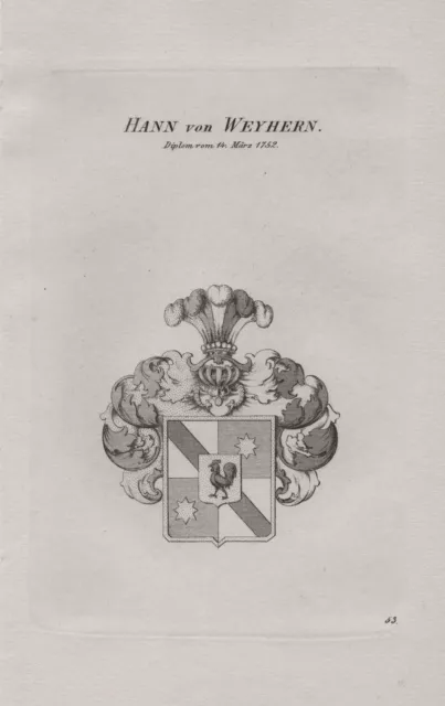 1830 Hann von Weyhern Wappen Kupferstich coat of arms engraving Heraldik