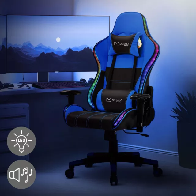 Chaise de jeu ergonomique avec LED fauteuil de bureau bleu avec bluetooth boxes