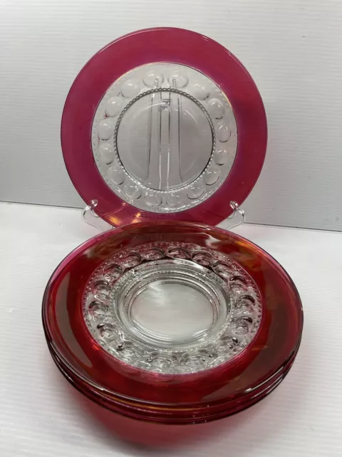 TIFFIN Cranberry or Red Ruby Kings Crown Thumbprint Luncheon Plates 8 1/4 “ (4)