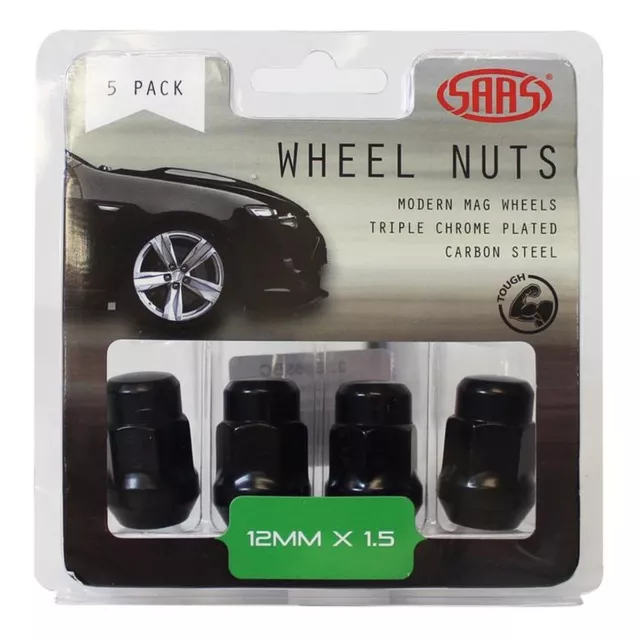 SAAS Wheel Nuts Acorn Bulge M12x1.50 Black 35mm (5 Pack) 335365BC