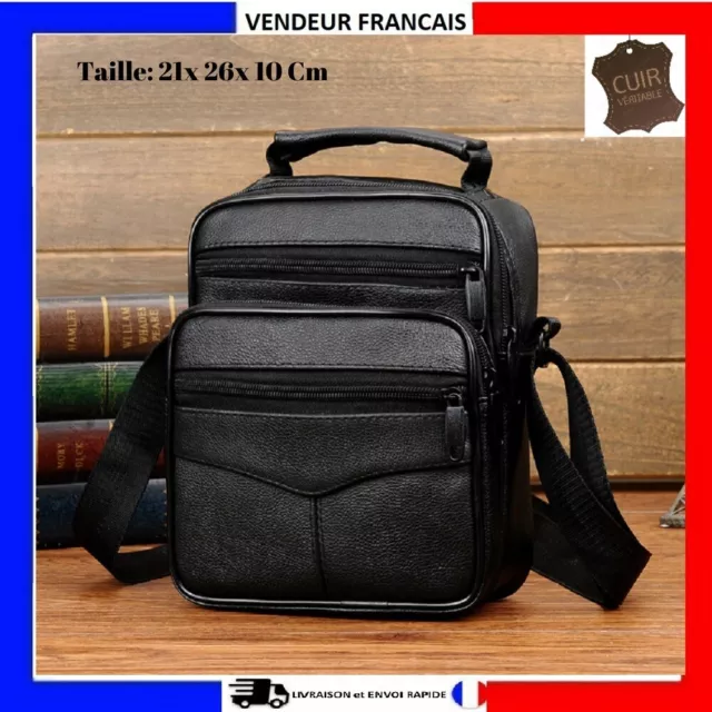 Sacoche Homme Cuir Vachette Sac Bandoulière Réglable Noir Haute Qualité 26X21X10