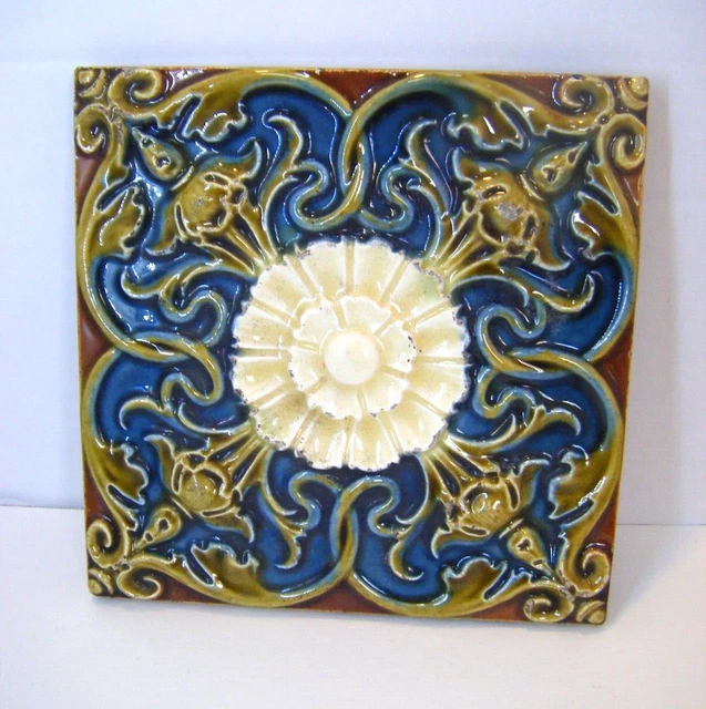Antique Tile Majolica Art Nouveau Tube Lined Floral Architectural Single 6''x6''