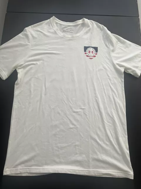 Under Armour Large Adult T Shirt White Loose Fit HeatGear USA Flag Freedom Mens