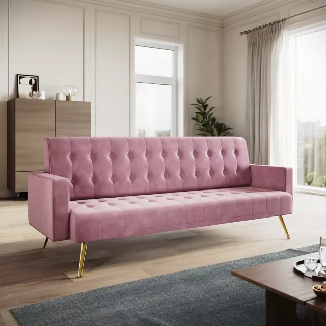 Luxury Velvet Sofa Bed 3 Seater Pink Nonwovens New Foam Contrast Gold Metal Legs