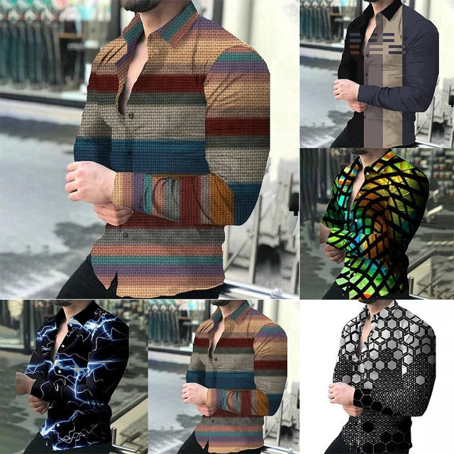 Con Bottoni Camicie Uomo Stampato Manica Lunga Vintage Vestito Festa Camicetta