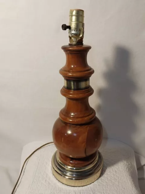 Mid Century Vintage Turned Wood and Brass Electric Table Lamp w/ Harp & Finial