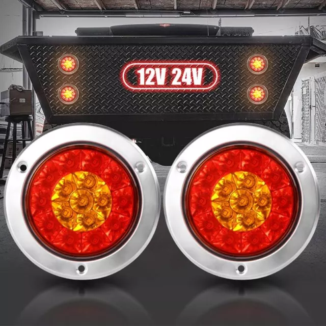 2x 4Zoll Rund LED Rücklicht Bremslicht LKW Anhänger Rückleuchten Gelb Rot 12-24V