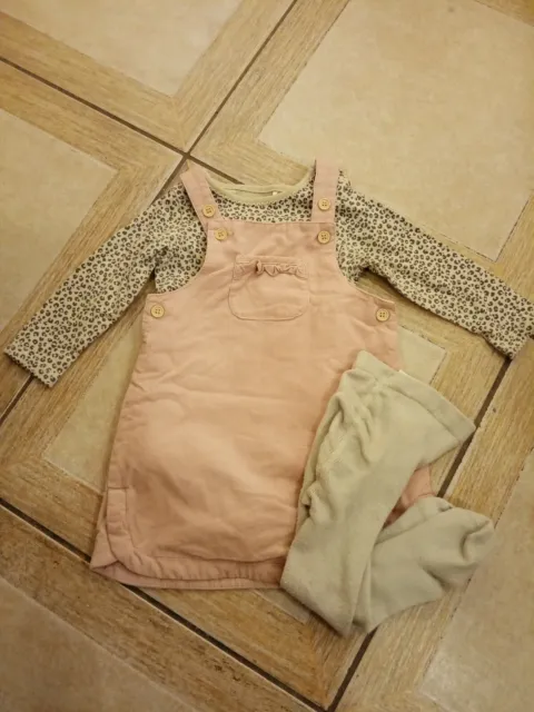 Pink Corded Pinafore dress With Animal Print Bodysuit & Tights Age 9-12 Mths...