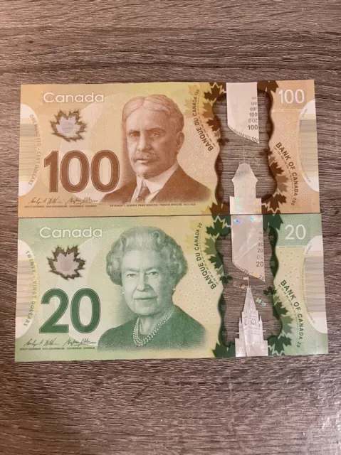 Set Bank of Canada 20+100 Dollars Banknote. $20-$100 AUD Currency CIR Polymer.