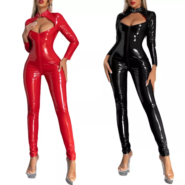 Body donna PVC lucido pelle catsuit collant lattice cerniera tuta clubwear 3