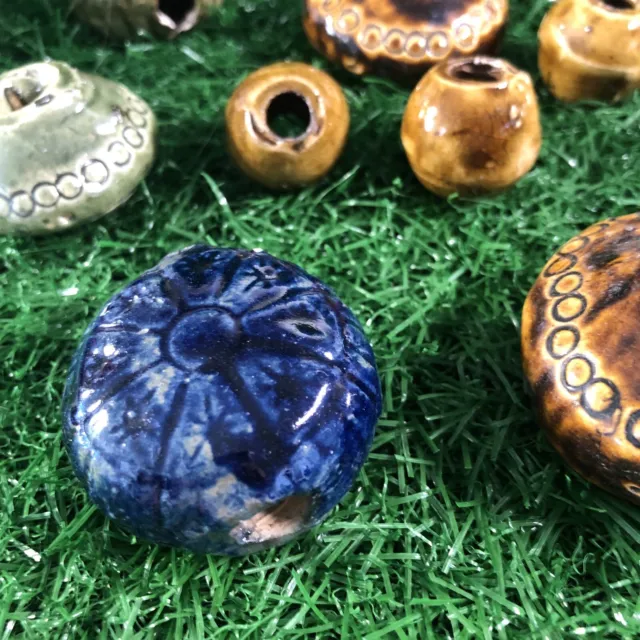 14 Vintage Handmade Ceramic Beads Boho Macrame Beads Large Glazed 6