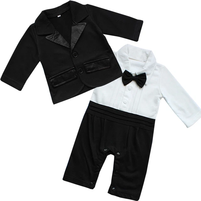 Baby Boys Gentleman Romper Tuxedo Suit Bow Tie Shirt Bodysuit Party Outfits Set