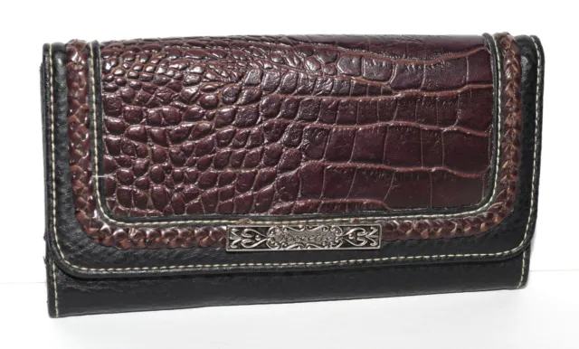 Rosetti Black Faux Pebbled Leather Brown Croc Embossed Flap Organizer Wallet