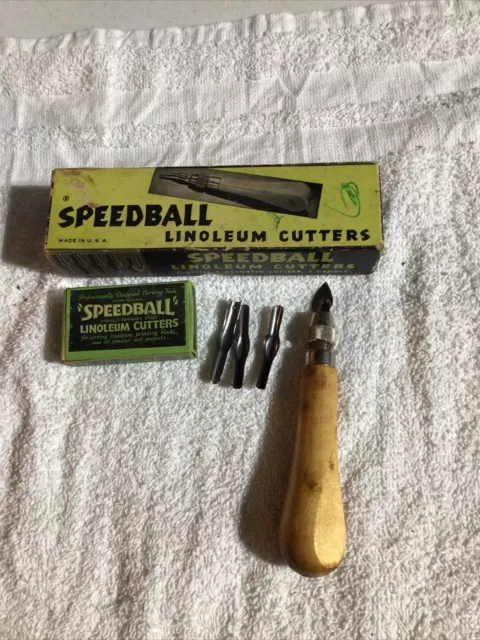 HERRAMIENTA DE CORTE DE LINÓLEO SPEEDBALL DE COLECCIÓN con 10 CUCHILLAS, MANGO Y CAJA Hecha en EE. UU.